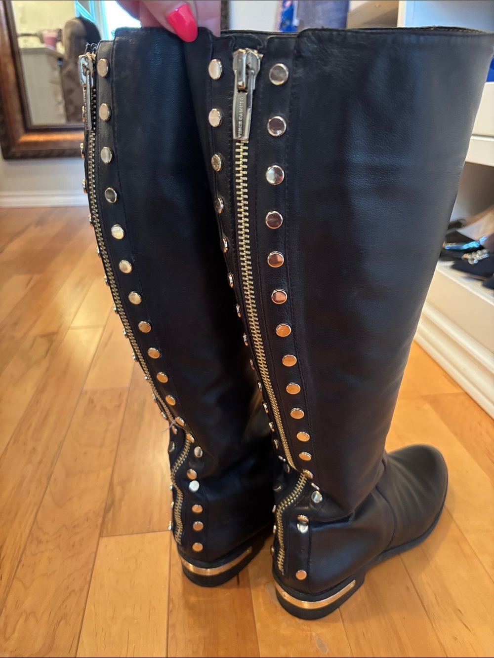 Vince Camuto Black Tall Riding Boots with Gold Studs & Zippers